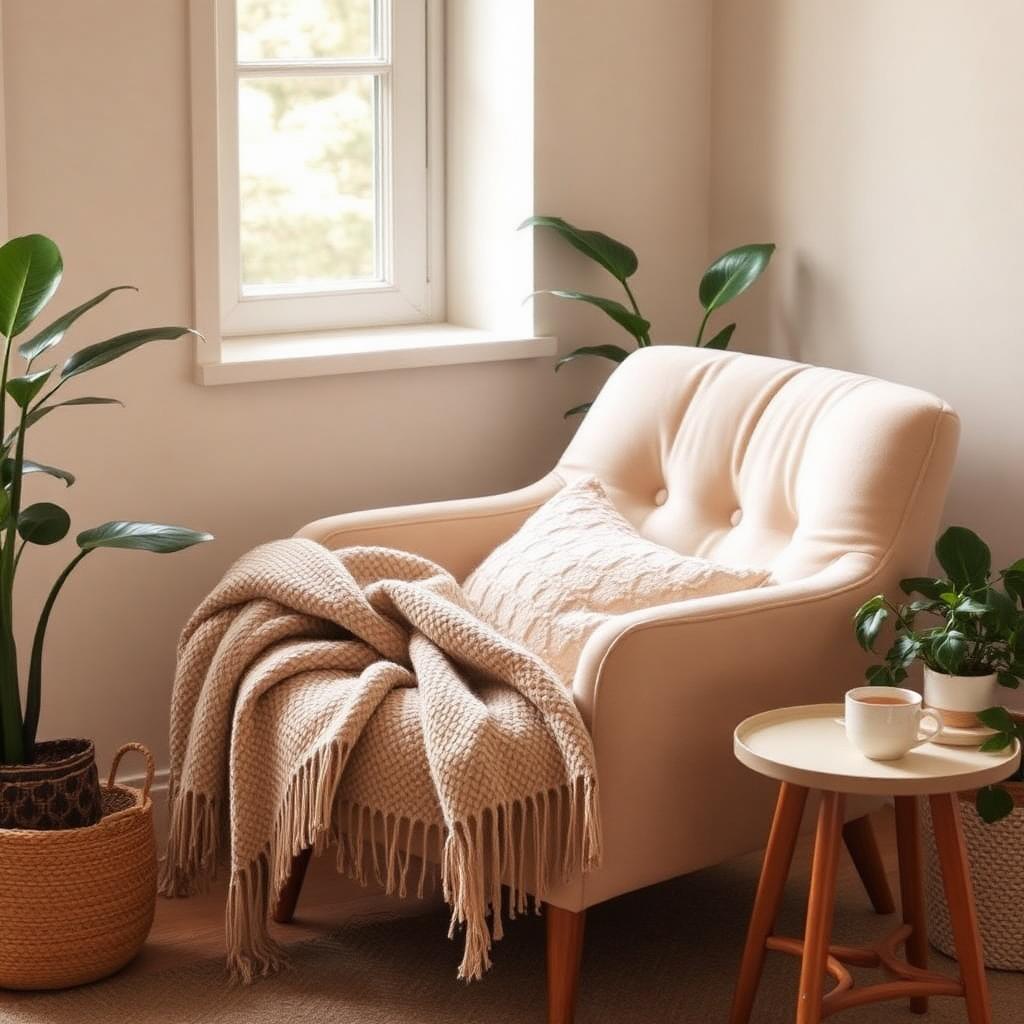 A cozy cream armchair with a soft throw, warm tea, and plants by a sunlit window