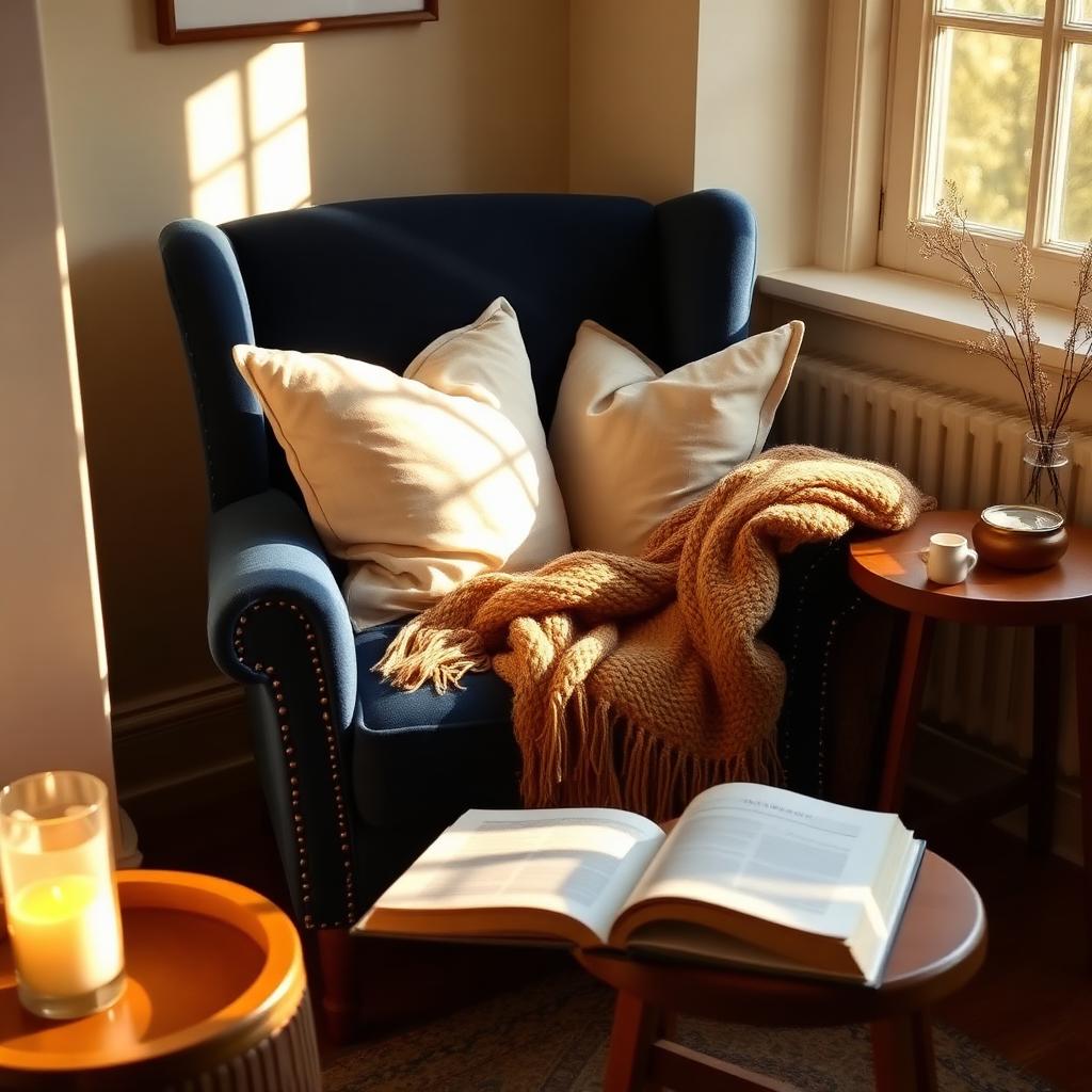 A deep blue velvet wingback chair with cream pillows, a warm throw, candle, and open book in golden light