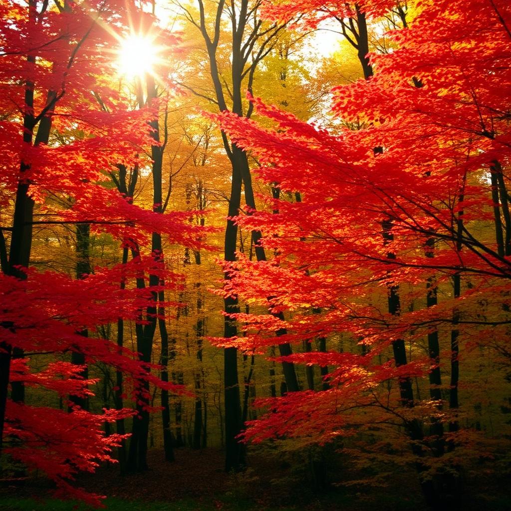 Sunlight bursting through a vibrant red and gold autumn forest