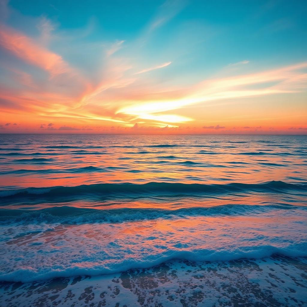 A coastal sunrise with turquoise water and warm coral sky