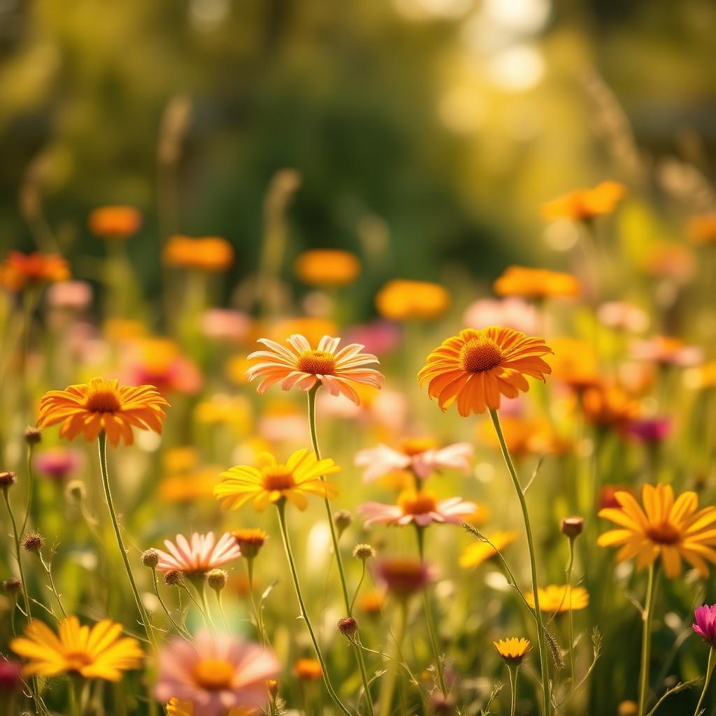 A vibrant wildflower meadow in golden light
