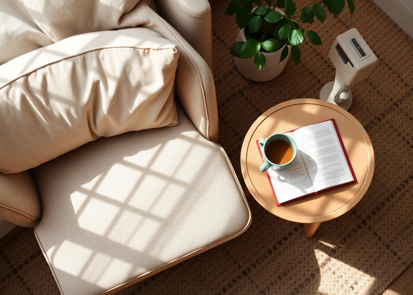 A calm, sunlit corner with a soft chair and a warm cup of tea